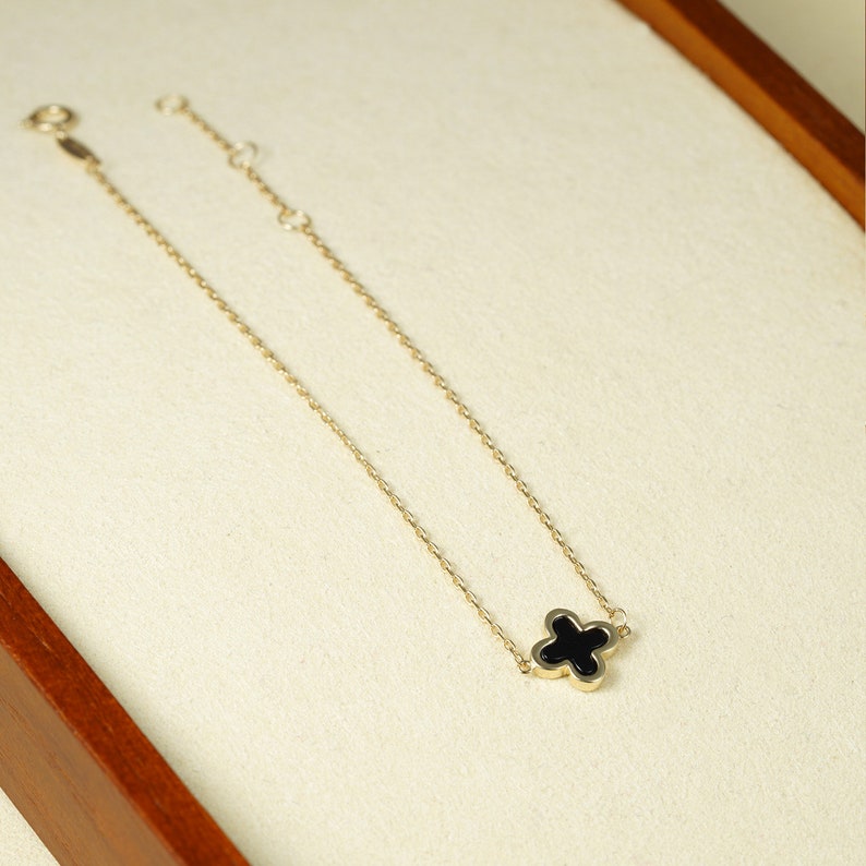 10K Gold Black Clover Bracelet 8.7x8.7mm, 10K Solid Gold Black Clover