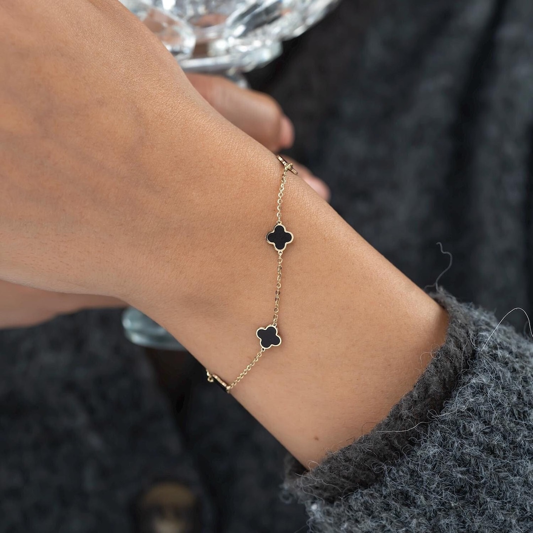 Black Clover Bracelet 10K Gold, Black Onyx Bracelet, Black