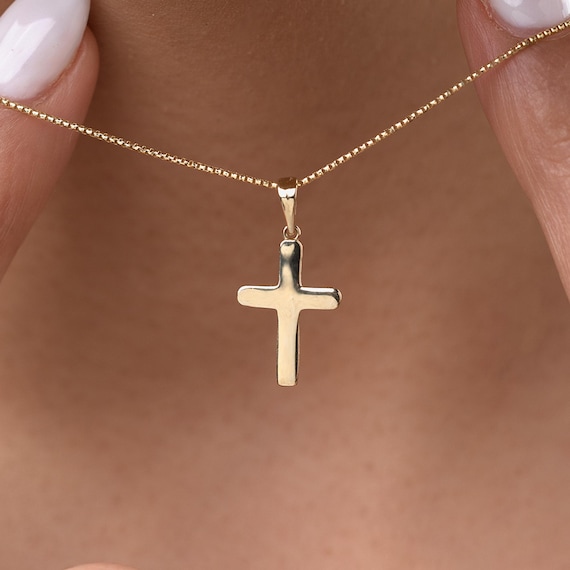 Small Cross Necklace 10K Gold, Dainty Cross Pendant Solid Gold