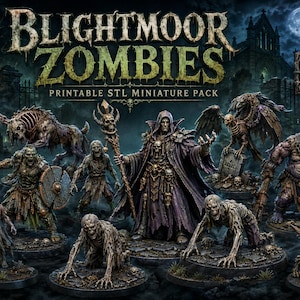Op de afbeelding: Een digitale collectie genaamd Blightmoor Zombies Printable STL Miniature Pack met 15 gedetailleerde zombiefiguren, waaronder een centrale necromancer in gewaad met een schedelstaf, diverse ondode krijgers en skeletachtige beesten.