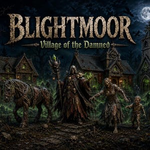 Puede incluir: Ilustración digital con el título "BLIGHTMOOR Village of the Damned". La escena oscura y gótica muestra una figura con túnica, zombis y un caballo esquelético frente a una iglesia y casas. Una luna llena ilumina el cielo nocturno.