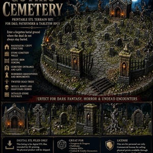 May include: A digital STL terrain set titled GOTHIC CEMETERY for tabletop RPGs. It features a circular graveyard with a stone mausoleum, iron fencing, numerous gravestones, twisted dead trees, skulls, bones, and detailed stone pathways.