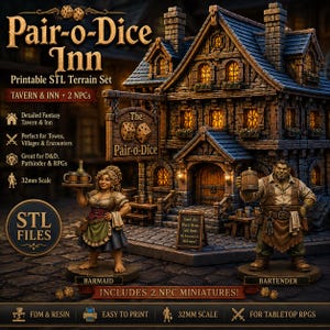 Peut inclure: Un ensemble de terrain STL imprimable représentant le Pair-o-Dice Inn, un bâtiment fantastique à plusieurs étages avec des murs en pierre, un toit bleu et des fenêtres éclairées. Inclut deux figurines à l'échelle 32mm : une serveuse et un barman.