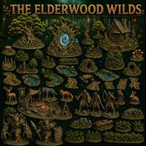 May include: A collection of miniature fantasy terrain pieces and figures titled THE ELDERWOOD WILDS, featuring trees, a portal, a cabin, streams, paths, a campfire scene, woodland animals, and armored characters with weapons in a forest setting.