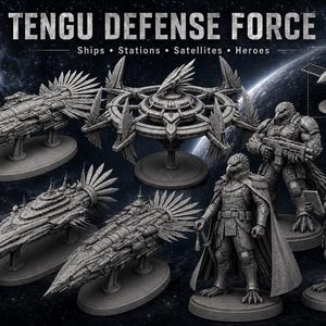 May include: A collection of gray Tengu Defense Force models, including ships, stations, satellites, and heroes. The models are displayed on a dark background with a starry sky. The text "TENGU DEFENSE FORCE" is at the top.