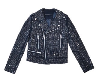 SonicThemePark * HEAVY-WEIGHT SUEDE  Swarovski Crystal Encrusted Unisex Biker Jacket  ( Fully Lined ) Hand Made 2:22 Order ( 2 colors + )