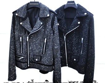 SonicThemePark * SCHWERE WILDLEDER-Unisex-Bikerjacke mit Swarovski-Kristallen (komplett gefüttert), handgefertigt, 2:22 Bestellung (2 Farben +)