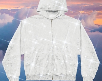 Swarovski Fully Rhinestoned Hoodie - Available in Magical White Cloud Dust OR Black Infinity ( 10 Thousand +Rhinestones Encrusted ALL OVER )