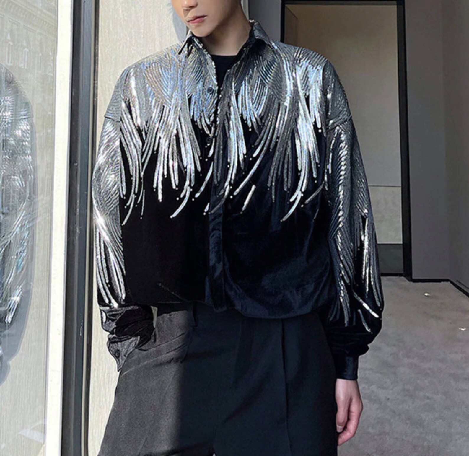 Silk-velvet shirt with sequin pockets
