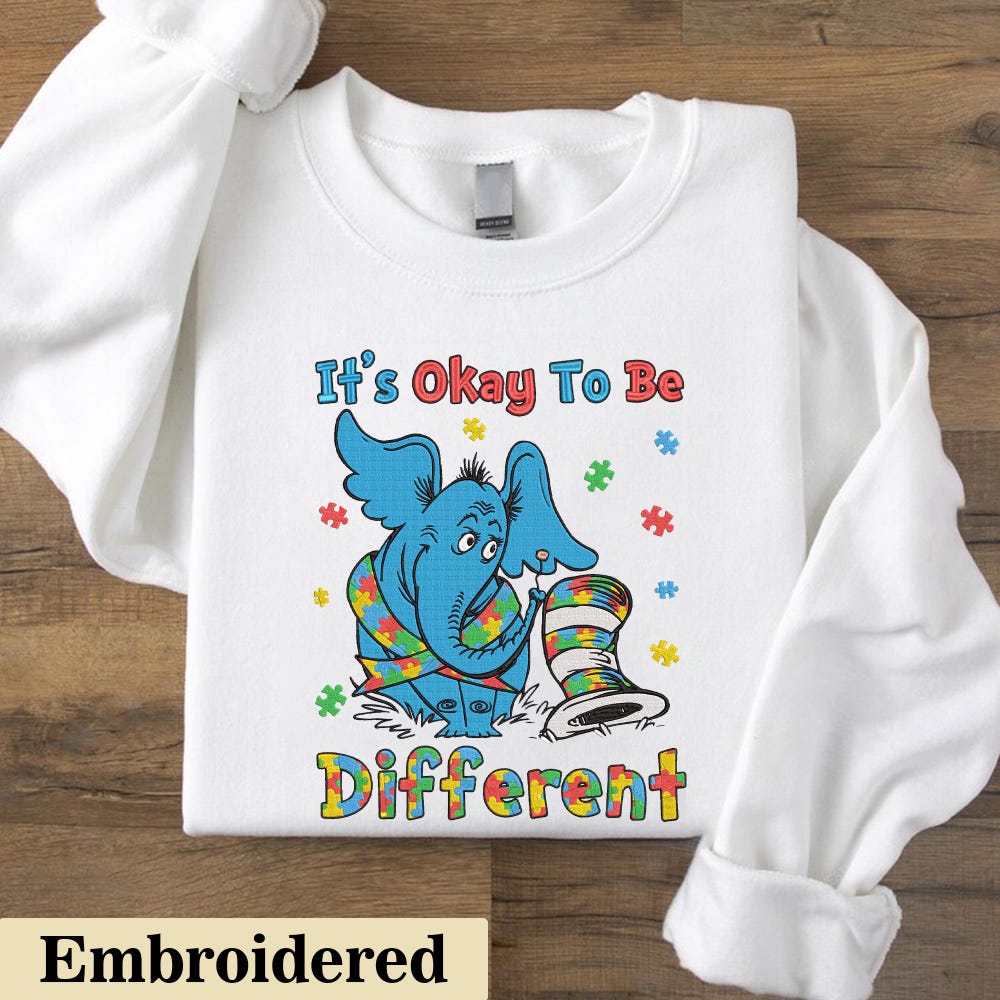 Embroidered It'S Okay To Be Different Autism Dr Seuss Shirt, Autism Awareness Shirt, Teacher Autism Shirt, Puzzle Autism Shirt, Autism Gifts