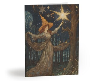May include: Greeting card with a vintage illustration of a woman in a long dress and a witch hat, holding a star wand. The artwork is set in a forest at night, with stars in the sky and a tree on the right. The colour palette includes browns, blues, and gold.