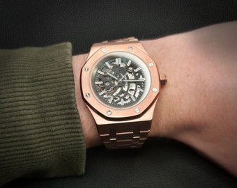 Aangepaste 42 mm roségouden skelet mod horloge Royal Oak AP saffierkristalglas achterkant met NH70 automatische datumbeweging