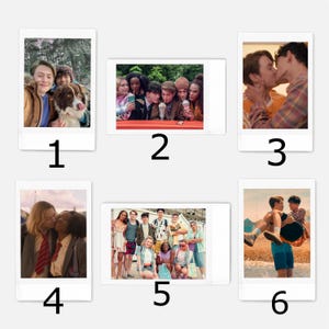 May include: A collage of six Polaroid photos featuring a group of friends. The photos show the friends in various settings, including a snowy forest, a park, a beach, and a restaurant. The photos are arranged in a grid pattern.