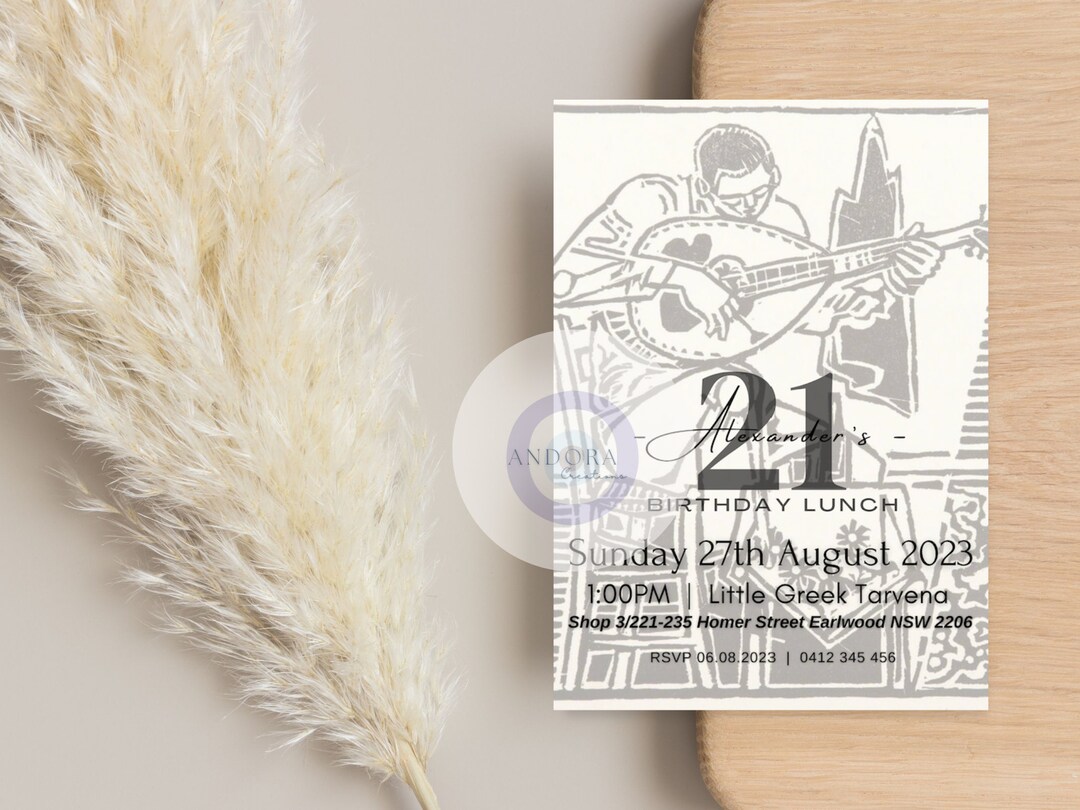 Editable Bouzouki Birthday Invitation, Minimal Invitation, Canva
