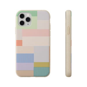 May include: A phone case with a speckled beige texture featuring a geometric pattern of rectangular blocks filled with fine vertical and horizontal stripes in pastel shades of green, pink, blue, yellow, and lavender, shown from front and side views.