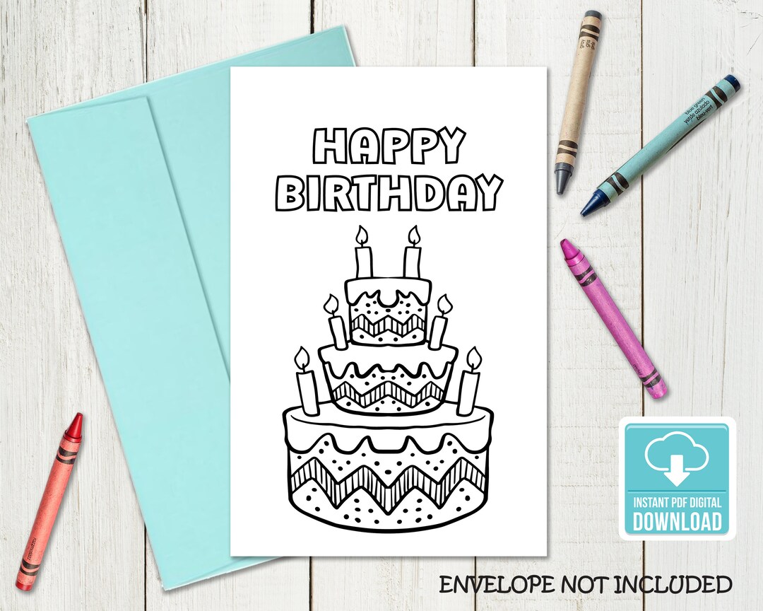 Coloring Birthday Card, Happy Birthday Card, Color Your Own, Birthday