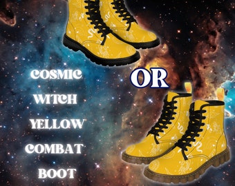 Womens Cosmic Witch Yellow Combat Boots - Yellow Canvas Vegan Boot - Celestial Print - Witchcore - Whimsigoth Shoes - Astrology Lover Gift