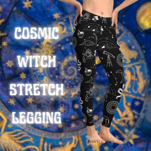 Cosmic Moon Sun Stars Moths High Waisted Plus Size Leggings 2XL-6XL Black  and Purple for Wicca, Witch, Gothic, Rave, Festival and Relaxing -   Canada
