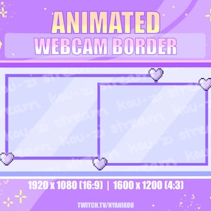 Puede incluir: Borde de cámara web animado con un esquema de color morado y azul claro. El borde presenta cuatro corazones pixelados en las esquinas. El texto "ANIMATED WEBCAM BORDER" está en la parte superior de la imagen. El texto "1920 x 1080 (16:9) | 1600 x 1200 (4:3)" está en la parte inferior de la imagen. El texto "TWITCH.TV/NYANIKOU" está en la parte inferior central de la imagen.