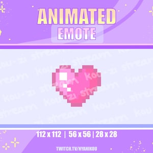 May include: Animated Twitch emote featuring a pink pixelated heart on a light blue background. The text "ANIMATED EMOTE" is at the top of the image. The text "112 x 112 | 56 x 56 | 28 x 28" is at the bottom of the image. The text "TWITCH.TV/NYANIKOU" is at the bottom of the image.