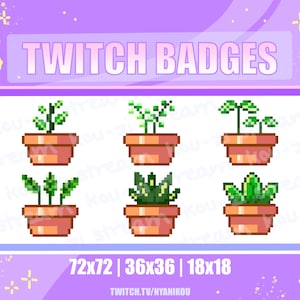 Peut inclure: Six badges Twitch en pixel art représentant différentes plantes en pot de différentes tailles : 72x72, 36x36 et 18x18. Les plantes sont vertes et brunes, et les pots sont bruns. Le texte "TWITCH BADGES" est en haut de l’image.