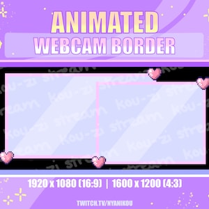 Puede incluir: Borde de webcam animado con un diseño pixelado. El borde es negro con un marco interior rosa y azul claro. Hay cuatro corazones rosas en las esquinas del marco. El texto "ANIMATED WEBCAM BORDER" está en la parte superior de la imagen. El texto "1920 x 1080 (16:9) | 1600 x 1200 (4:3)" está en la parte inferior de la imagen. El texto "TWITCH.TV/NYANIKOU" está en la parte inferior central de la imagen.