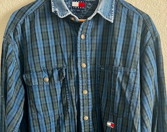 Vintage Tommy Hilfiger Plaid Shirt: 90s Denim Collar