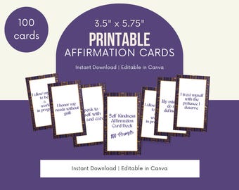 100 Self-Kindness Affirmation Cards Printable | 100 Empowering Prompts | Canva Template for Therapy, Gifts, or Daily Self-Care