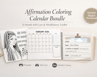 Affirmation Coloring Calendar Bundle | Coloring Calendar PDF, Monthly Reflection Planner, Vision Board,  Book Mark Canva Frame Bundle