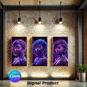 May include: Three digital art prints featuring portraits of women with colorful, abstract designs on their skin and wearing pink sunglasses. The prints are framed and displayed on a brick wall.