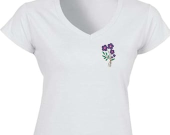 Women&#39;s white V-neck T-shirt with beautiful wildflower embroidery WILD FLOWER