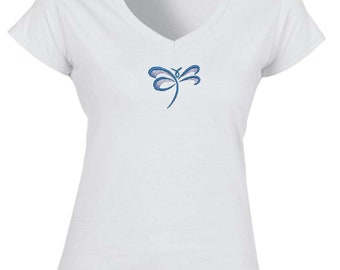 トンボの刺繍が美しいレディース白VネックTシャツ