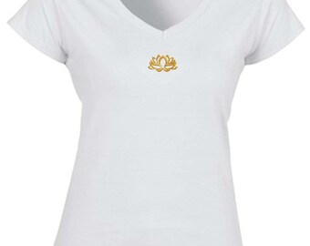Women&#39;s white V-neck T-shirt with beautiful lotus flower embroidery