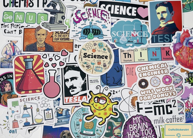 May include: A collection of colorful science-themed stickers featuring illustrations of beakers, atoms, molecules, and the periodic table. The stickers also include text such as "Science", "Chemical Engineer", "Tesla", and "E=mc2".