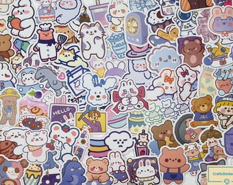 30-90 Pcs Cute Bear Bunny Animal mix Stickers, kawaii sticker laptop stickers, vinyl stickers for laptop, water bottle, wall, notebook