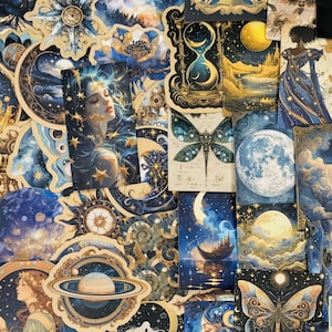 May include: A collage of celestial-themed stickers featuring illustrations of moons, stars, planets, and women. The color palette includes shades of blue, gold, and cream. Some stickers have a vintage aesthetic, while others have a modern design.