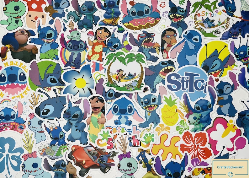 Puede incluir: Una colecci&oacute;n de pegatinas coloridas con el personaje de dibujos animados Stitch de la pel&iacute;cula de Disney Lilo & Stitch. Las pegatinas muestran a Stitch en varias poses y expresiones, incluyendo a Stitch con un collar de flores, Stitch sosteniendo una pi&ntilde;a y Stitch con su caracter&iacute;stica sonrisa traviesa. Las pegatinas son perfectas para agregar un toque de magia de Disney a las computadoras port&aacute;tiles, botellas de agua, cuadernos y m&aacute;s.