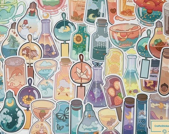 May include: A collection of colorful stickers featuring whimsical glass bottles filled with various objects, including clouds, stars, flowers, and a dolphin. The stickers are perfect for adding a touch of whimsy to journals, laptops, or water bottles.