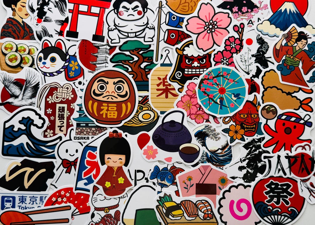 Japan Aesthetic Sticker Pack, Kawaii Sakura Sushi Daruma Vinyl Stickers ...