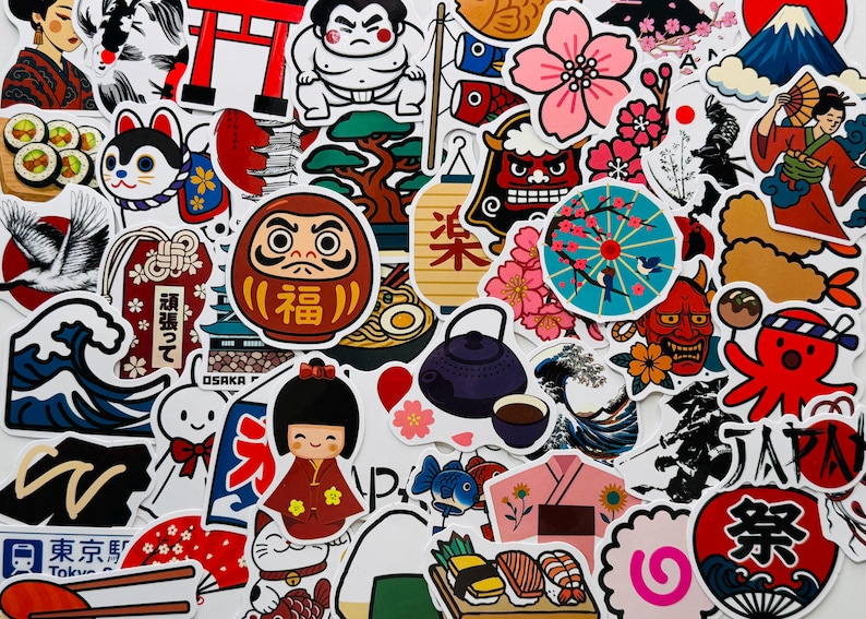 Japan Aesthetic Sticker Pack, Kawaii Sakura Sushi Daruma Vinyl Stickers ...