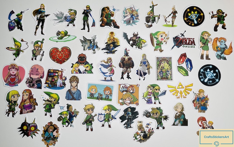 May include: A collection of colourful stickers featuring characters from the Legend of Zelda video game series. The stickers depict various characters, including Link, Zelda, Ganondorf, and other iconic figures. The stickers are perfect for adding a touch of fantasy and adventure to any surface.