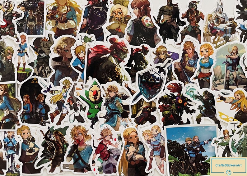 May include: A collection of colourful stickers featuring characters from the Legend of Zelda video game series. The stickers feature various characters, including Link, Zelda, Ganondorf, and various creatures from the game.