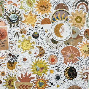 BOHEMIAN sun or moon stickers pack, Mystery celestial sticker pack, Water bottle stickers, waterproof stickers, aesthetic planner 10-50 Pcs