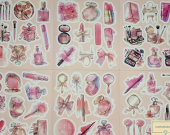 Makeup Stickers Pack – Pink Beauty Vinyl Decals – Waterproof for Journals, Planners, Laptops, Water Bottles, Scrapbooks