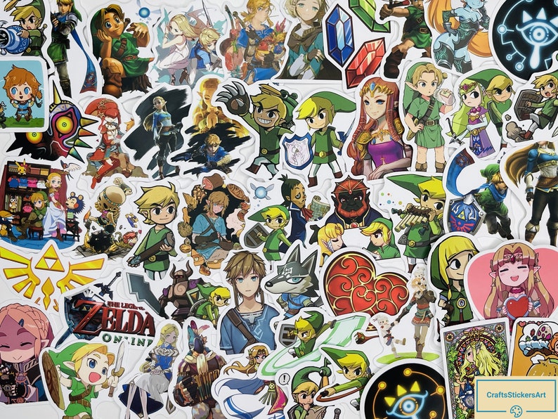 May include: A collection of colourful stickers featuring characters from the Legend of Zelda video game series. The stickers feature various characters, including Link, Zelda, Ganondorf, and various creatures from the games. The stickers are perfect for decorating laptops, water bottles, and other personal items.