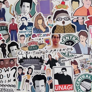May include: A collection of colorful stickers featuring characters and quotes from the TV show "Friends." The stickers include images of the Central Perk logo, character portraits, and phrases like "Unagi" and "How You Doin'?"