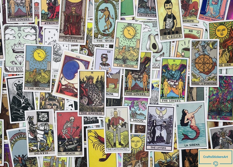 May include: A collection of colorful tarot cards with various illustrations and text. The cards feature images of the moon, the sun, the lovers, the empress, the high priestess, the fool, the world, the chariot, the tower, the hanged man, death, temperance, the devil, the star, the moon, the sun, and more. The cards are arranged in a random order.