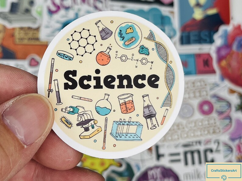 May include: A round sticker with a yellow background and the word "Science" in black text. The sticker is decorated with various science-related illustrations, including beakers, test tubes, a microscope, a DNA strand, and a molecule.