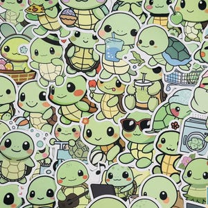 May include: A collection of cute, green turtle stickers with various accessories and activities. Some turtles hold drinks, ice cream, or musical instruments. Others wear sunglasses or hats. The stickers have a cartoon style.