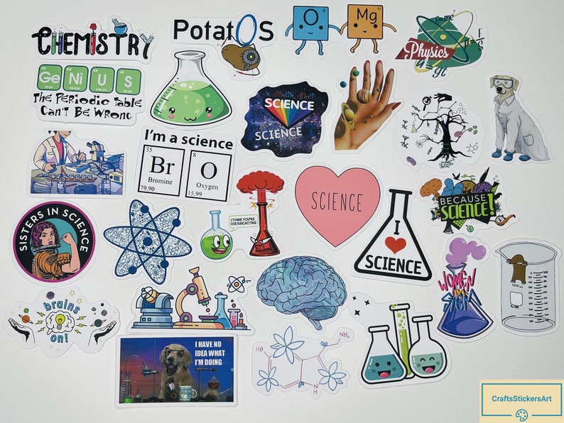 May include: A collection of science-themed stickers featuring various designs, including a periodic table, a beaker with a cute face, a brain, a heart with the word "SCIENCE" on it, and a variety of other science-related imagery.
